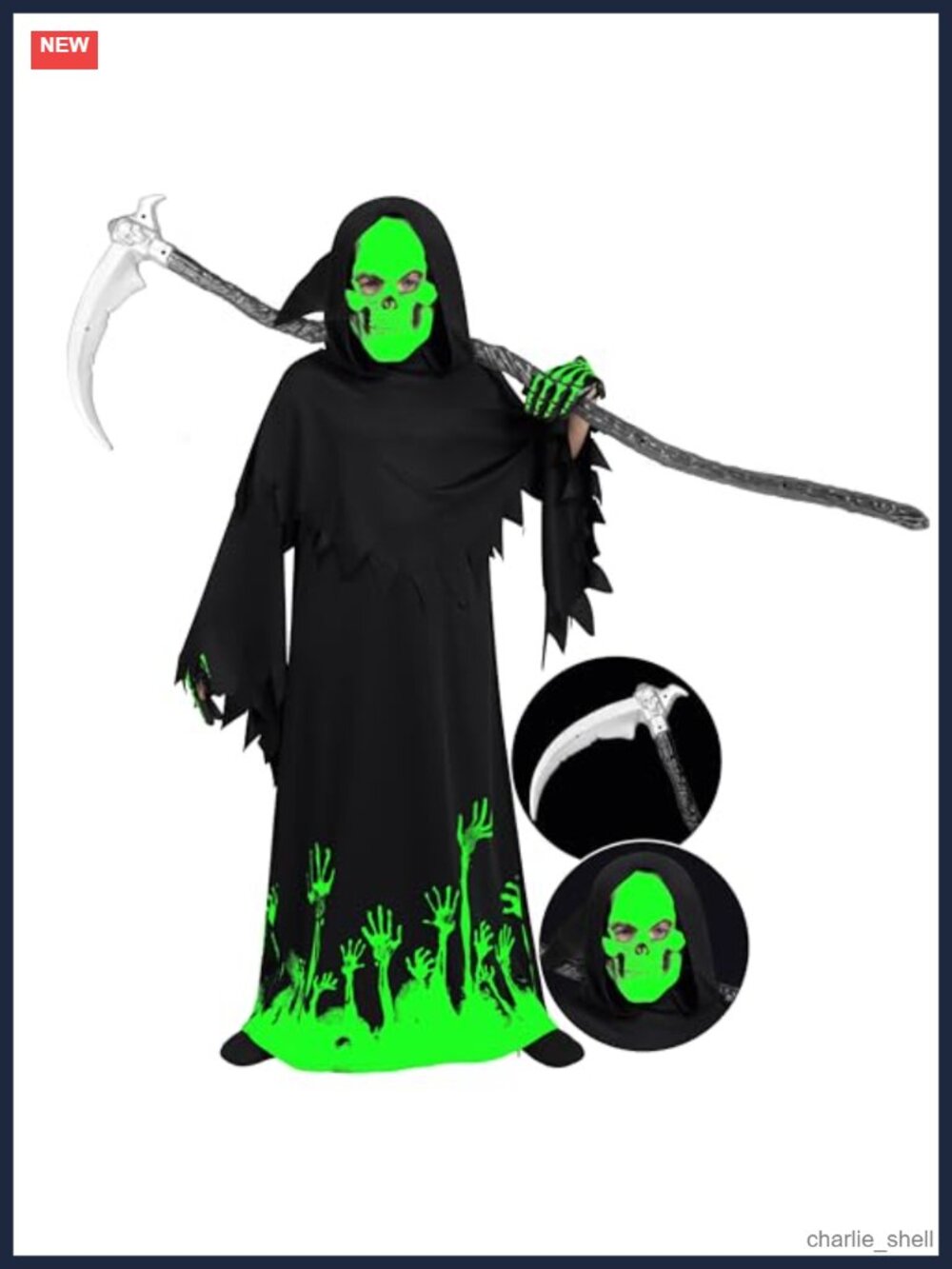 Glow in the Dark Grim Reaper Phantom Costume Kids Boys 5-Piece Set